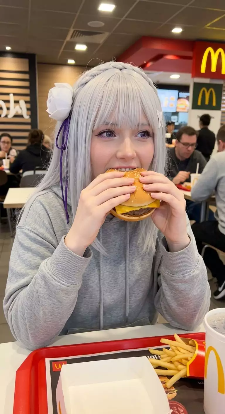 Nano Banana 2 generated Anime in Real World - Anime girl with silver hair eating burger at McDonald's, realistic scene